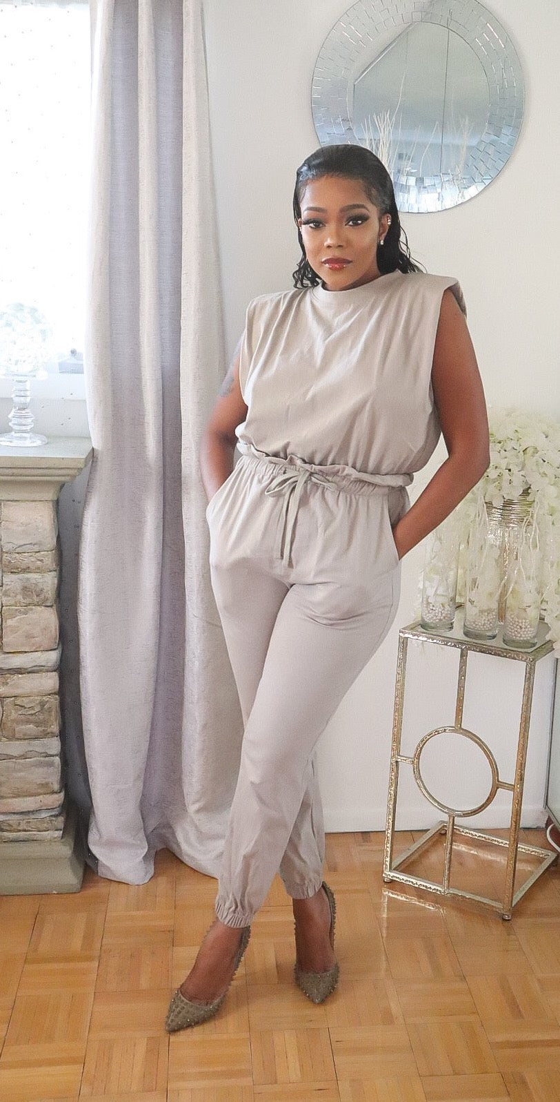 Padded shoulder jumpsuit