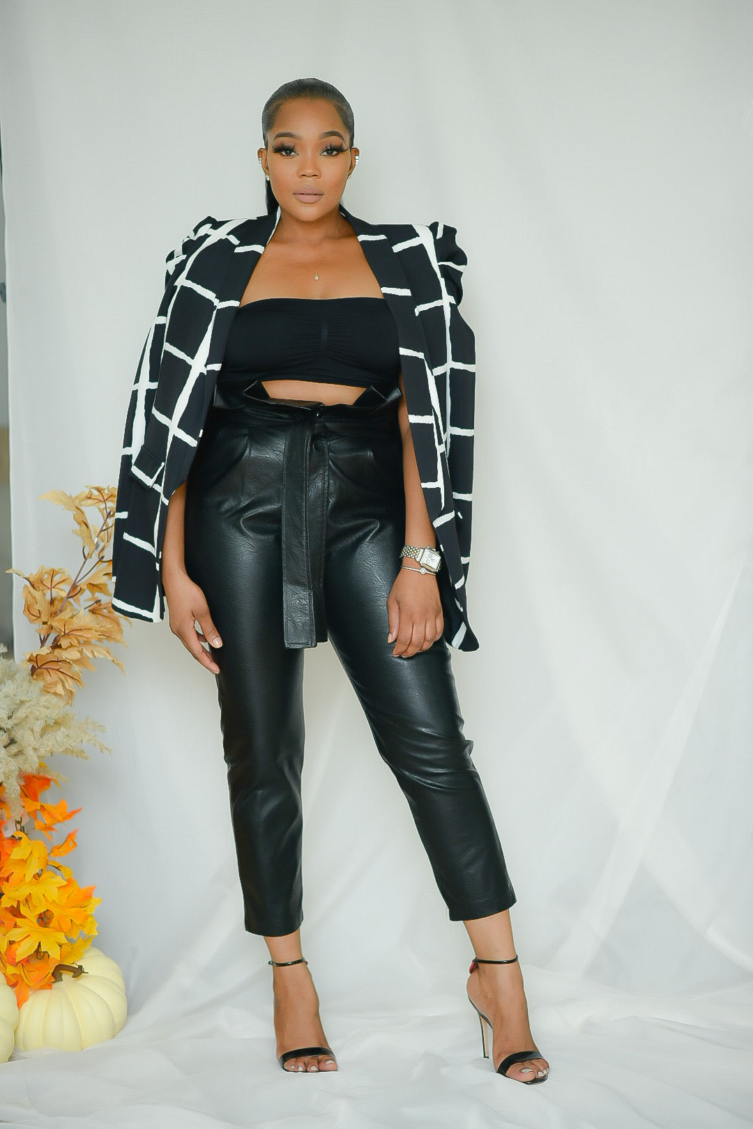 High waist paper bag faux leather pants