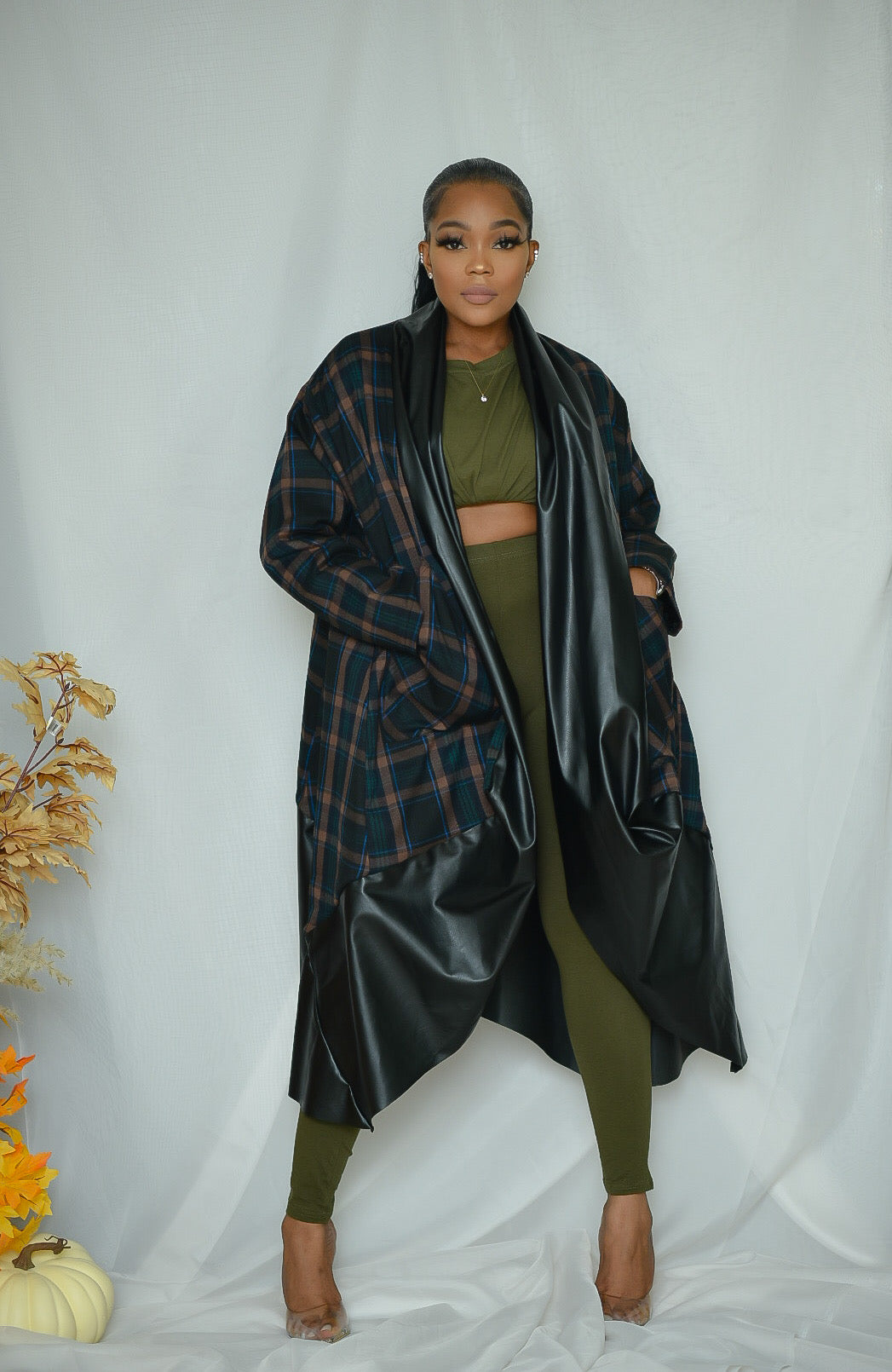 PU edge long waterfall coat