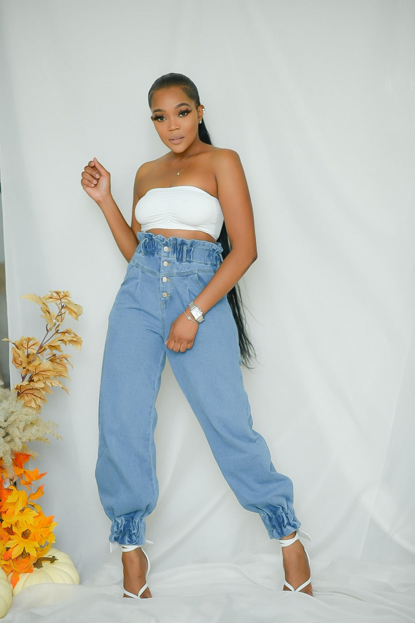 High waist denim paper bag pants