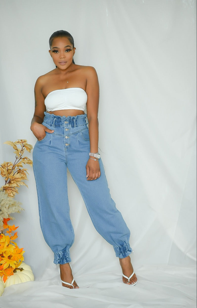 High waist denim paper bag pants