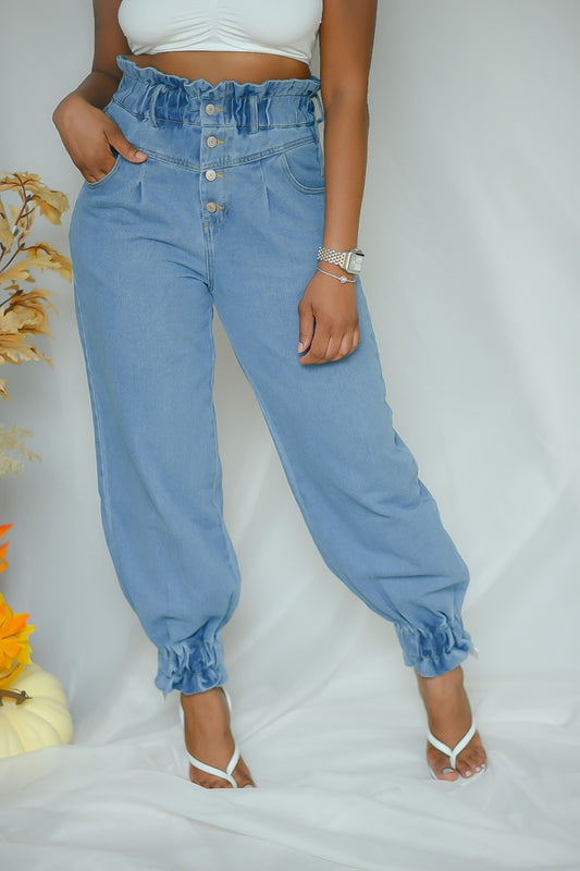 High waist denim paper bag pants